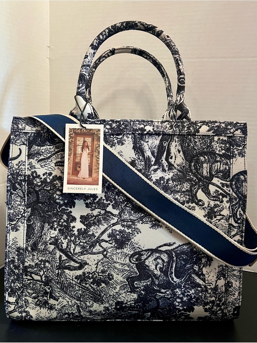 Sincerly Jules Navy and White Toile Tote with Striped Crossbody